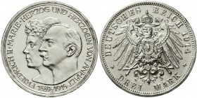 Reichssilbermünzen J. 19-178 Anhalt Friedrich II., 1904-1918
3 Mark 1914 A. Silberne Hochzeit.
vorzüglich/Stempelglanz, übl. prägebed. Randunebenhei...