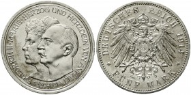 Reichssilbermünzen J. 19-178 Anhalt Friedrich II., 1904-1918
5 Mark 1914 A. Silberne Hochzeit.
vorzüglich, kl. Kratzer