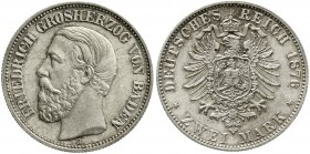Reichssilbermünzen J. 19-178 Baden Friedrich I., 1856-1907
2 Mark 1876 G fast Stempelglanz/Erstabschlag, Prachtexemplar mit feiner Tönung
