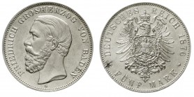 Reichssilbermünzen J. 19-178 Baden Friedrich I., 1856-1907
5 Mark 1876 G. A mit Querstrich.
prägefrisch, kl. Schrötlingsfehler, sonst Prachtexemplar...
