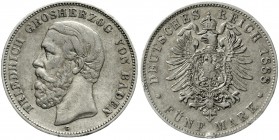 Reichssilbermünzen J. 19-178 Baden Friedrich I., 1856-1907
5 Mark 1888 G. A ohne Querstrich.
sehr schön, Randfehler