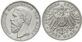 Reichssilbermünzen J. 19-178 Baden Friedrich I., 1856-1907
5 Mark 1898 G. gutes vorzüglich, winz. Randfehler