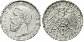 Reichssilbermünzen J. 19-178 Baden Friedrich I., 1856-1907
5 Mark 1899 G. fast vorzüglich