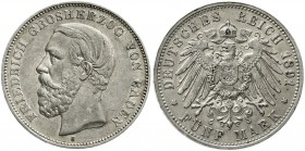 Reichssilbermünzen J. 19-178 Baden Friedrich I., 1856-1907
5 Mark 1891 G. A ohne Querstrich.
gutes sehr schön, selten