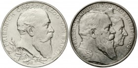 Reichssilbermünzen J. 19-178 Baden Friedrich I., 1856-1907
2 X 2 Mark: 1902 Jubiläum und 1906 Goldene Hochzeit. beide fast Stempelglanz