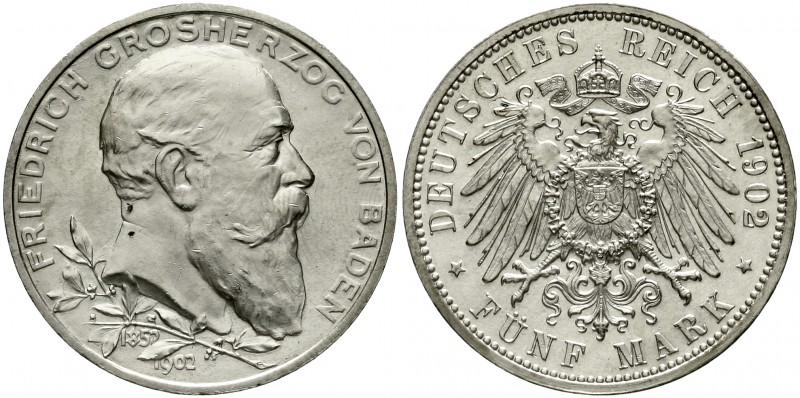 Reichssilbermünzen J. 19-178 Baden Friedrich I., 1856-1907
5 Mark 1902. 50 jähr...