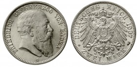 Reichssilbermünzen J. 19-178 Baden Friedrich I., 1856-1907
2 Mark 1907 G fast Stempelglanz