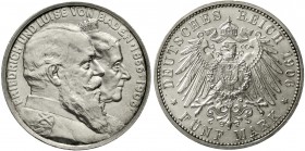 Reichssilbermünzen J. 19-178 Baden Friedrich I., 1856-1907
5 Mark 1906. Zur goldenen Hochzeit.
Stempelglanz