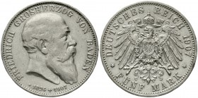 Reichssilbermünzen J. 19-178 Baden Friedrich I., 1856-1907
5 Mark 1907. Auf seinen Tod.
gutes sehr schön, kl. Randfehler
