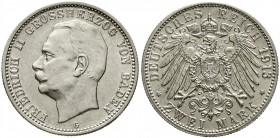Reichssilbermünzen J. 19-178 Baden Friedrich II., 1907-1918
2 Mark 1913 G vorzüglich/Stempelglanz