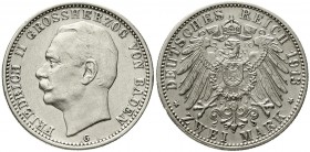 Reichssilbermünzen J. 19-178 Baden Friedrich II., 1907-1918
2 Mark 1913 G. fast vorzüglich, gereinigt