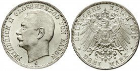 Reichssilbermünzen J. 19-178 Baden Friedrich II., 1907-1918
3 Mark 1915 G. Seltenes Jahr.
fast Stempelglanz, Prachtexemplar
