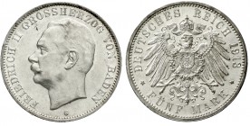 Reichssilbermünzen J. 19-178 Baden Friedrich II., 1907-1918
5 Mark 1913 G. vorzüglich/Stempelglanz, kl. Kratzer