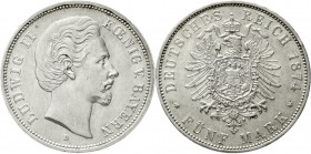 Reichssilbermünzen J. 19-178 Bayern Ludwig II., 1864-1886
5 Mark 1874 D vorzüglich, kl. Kratzer winz. Randfehler