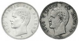 Reichssilbermünzen J. 19-178 Bayern Otto, 1886-1913
2 X 5 Mark 1906 D. Seltener Jahrgang.
sehr schön, Randfehler