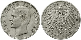 Reichssilbermünzen J. 19-178 Bayern Otto, 1886-1913
5 Mark 1906 D. Seltener Jahrgang
gutes sehr schön