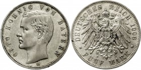 Reichssilbermünzen J. 19-178 Bayern Otto, 1886-1913
5 Mark 1906 D. Seltener Jahrgang
sehr schön/vorzüglich