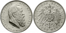 Reichssilbermünzen J. 19-178 Bayern Luitpold 1911-1912
5 Mark 1911 D. Zum 90 jähr. Geb. m. Lebensdaten.
vorzüglich/Stempelglanz, winz. Randfehler