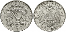 Reichssilbermünzen J. 19-178 Bremen
2 Mark 1904 J. fast Stempelglanz