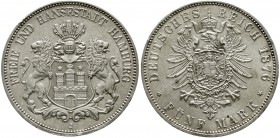 Reichssilbermünzen J. 19-178 Hamburg
5 Mark 1876 J gutes vorzüglich, Randfehler
