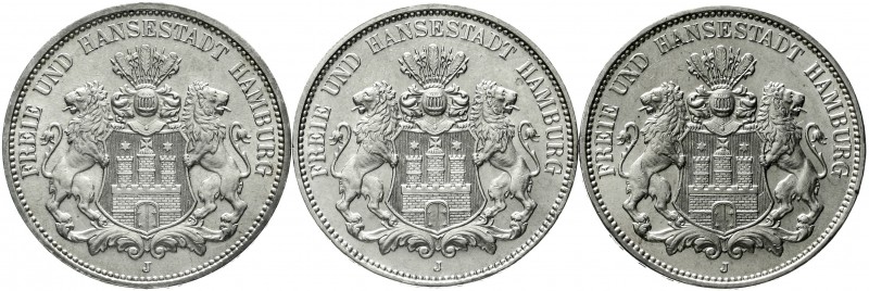 Reichssilbermünzen J. 19-178 Hamburg
3 X 3 Mark: 1911, 1913, 1914. alle prägefr...