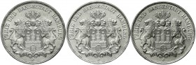 Reichssilbermünzen J. 19-178 Hamburg
3 X 3 Mark: 1911, 1913, 1914. alle prägefrisch/Stempelglanz