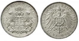 Reichssilbermünzen J. 19-178 Hamburg
5 Mark 1891 J. prägefrisch/fast Stempelglanz