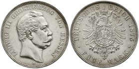Reichssilbermünzen J. 19-178 Hessen Ludwig III., 1848-1877
5 Mark 1875 H vorzüglich/Stempelglanz, kl. Kratzer