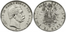 Reichssilbermünzen J. 19-178 Hessen Ludwig III., 1848-1877
5 Mark 1875 H gutes vorzüglich, kl. Kratzer