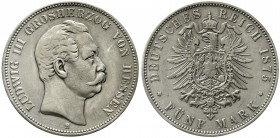 Reichssilbermünzen J. 19-178 Hessen Ludwig III., 1848-1877
5 Mark 1875 H. fast sehr schön
