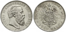 Reichssilbermünzen J. 19-178 Hessen Ludwig IV., 1877-1892
5 Mark 1888 A gutes vorzüglich, etwas berieben