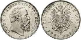 Reichssilbermünzen J. 19-178 Hessen Ludwig IV., 1877-1892
5 Mark 1888 A. prägefrisch/fast Stempelglanz, winz. Kratzer, selten in dieser Erhaltung