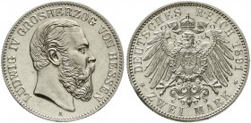 Reichssilbermünzen J. 19-178 Hessen Ludwig IV., 1877-1892
2 Mark 1891 A. Polierte Platte, leicht berieben und kl. Randfehler, selten