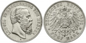 Reichssilbermünzen J. 19-178 Hessen Ludwig IV., 1877-1892
5 Mark 1891 A fast vorzüglich