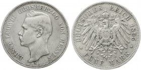Reichssilbermünzen J. 19-178 Hessen Ernst Ludwig, 1892-1918
5 Mark 1895 A. fast sehr schön, kl. Kratzer und Randfehler