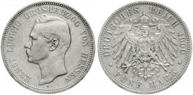 Reichssilbermünzen J. 19-178 Hessen Ernst Ludwig, 1892-1918
5 Mark 1900 A. Seltenes Jahr.
sehr schön, kl. Randfehler