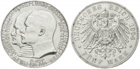 Reichssilbermünzen J. 19-178 Hessen Ernst Ludwig, 1892-1918
5 Mark 1904. Zum 400. Geburtstag.
vorzüglich