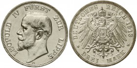 Reichssilbermünzen J. 19-178 Lippe Leopold IV., 1904-1918
3 Mark 1913 A. vorzüglich/Stempelglanz