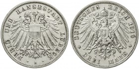 Reichssilbermünzen J. 19-178 Lübeck
3 Mark 1910 A. vorzüglich, Randfehler
