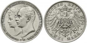 Reichssilbermünzen J. 19-178 Mecklenburg/-Schwerin Friedrich Franz IV., 1897-1918
2 Mark 1904 A. Zur Hochzeit.
vorzüglich, etwas berieben