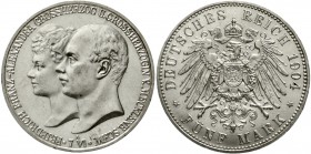 Reichssilbermünzen J. 19-178 Mecklenburg/-Schwerin Friedrich Franz IV., 1897-1918
5 Mark 1904 A. Zur Hochzeit.
vorzüglich/Stempelglanz