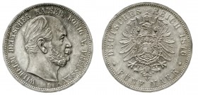 Reichssilbermünzen J. 19-178 Preußen Wilhelm I., 1861-1888
5 Mark 1876 B. Stempelglanz, Prachtexemplar mit herrlicher Patina