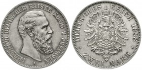 Reichssilbermünzen J. 19-178 Preußen Friedrich III., 1888
2 Mark 1888 A. Polierte Platte, winz. Kratzer, schöne Patina