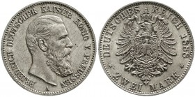 Reichssilbermünzen J. 19-178 Preußen Friedrich III., 1888
2 Mark 1888 A. Stempelglanz, Prachtexemplar mit feiner Tönung