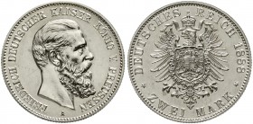 Reichssilbermünzen J. 19-178 Preußen Friedrich III., 1888
2 Mark 1888 A. Polierte Platte, Kratzer und etwas berieben