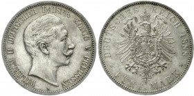 Reichssilbermünzen J. 19-178 Preußen Wilhelm II., 1888-1918
5 Mark 1888 A. Kl. Adler
vorzüglich/Stempelglanz aus EA