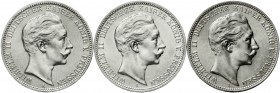 Reichssilbermünzen J. 19-178 Preußen Wilhelm II., 1888-1918
3 X 3 Mark: 1909, 1910, 1912. alle fast Stempelglanz