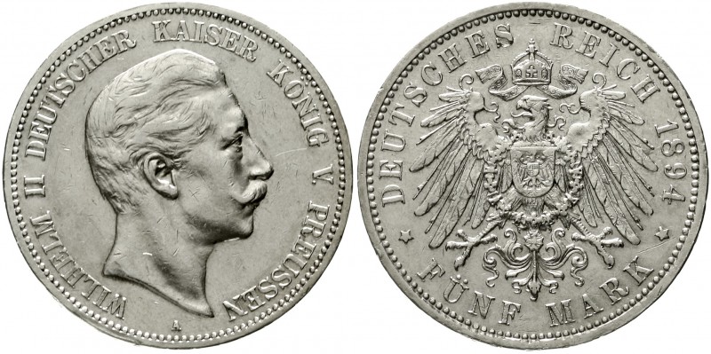 Reichssilbermünzen J. 19-178 Preußen Wilhelm II., 1888-1918
5 Mark 1894 A. vorz...