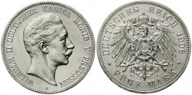 Reichssilbermünzen J. 19-178 Preußen Wilhelm II., 1888-1918
5 Mark 1906 A. vorzüglich, etwas gereinigt