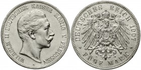 Reichssilbermünzen J. 19-178 Preußen Wilhelm II., 1888-1918
5 Mark 1907 A. vorzüglich/Stempelglanz, winz. Randfehler